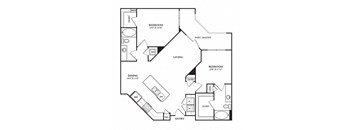 A black and white image of a house floor plan with two bedrooms, a living room, a dining room, a closet, a pan, and an entry.