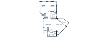 A floor plan of a house with two bedrooms, a living room, a kitchen, a bathroom, a terrace, and a garden room.
