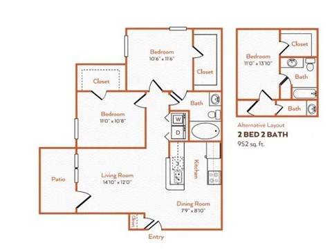 A floor plan of a 2 bedroom, 2 bathroom apartment.