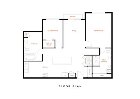 A floor plan of a house with a living room, two bedrooms, a bathroom, a kitchen, a laundry room, and a garage.