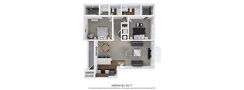 A floor plan of an apartment with a total area of 967 square feet.
