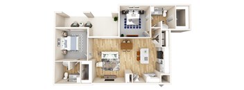 A 3D floor plan of a house with a kitchen, living room, and two bedrooms.