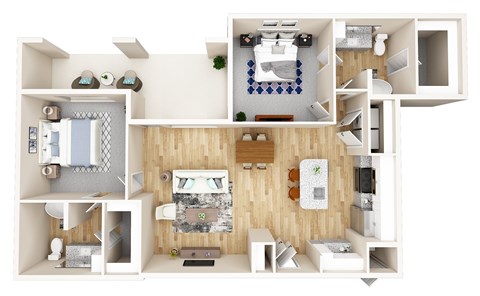 A 3D floor plan of a house with a kitchen, living room, and two bedrooms.