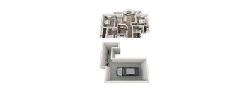 A 3D floor plan of a house with a car garage.