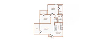 A floor plan of a house with a living room, dining room, kitchen, two bedrooms, and a patio.