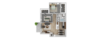 A top down view of a house with a kitchen, living room, and bathroom.