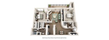 A 3D floor plan of a house with a kitchen, living room, and bedrooms.