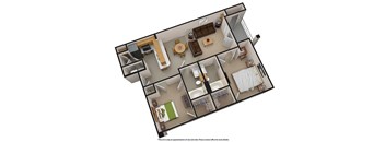 A 3D floor plan of a house with various rooms and furniture.