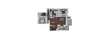 A floor plan of a house with a kitchen, living room, and two bedrooms.