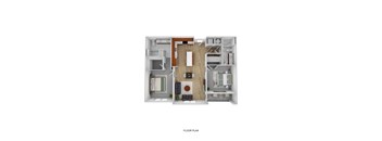 A floor plan of a small apartment with a kitchen, living room, and bedrooms.