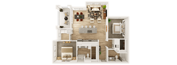 A top-down view of a well-furnished apartment.
