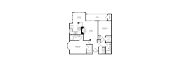 A black and white image of a floor plan for a home with a dining room, living room, and two bedrooms.