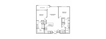 A black and white image of a house floor plan with two bedrooms, a living/dining area, and a closet.