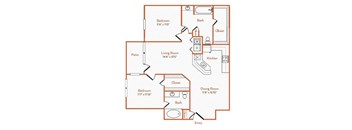 A floor plan of a house with a living room, two bedrooms, a bathroom, a kitchen, a dining room, and a patio.