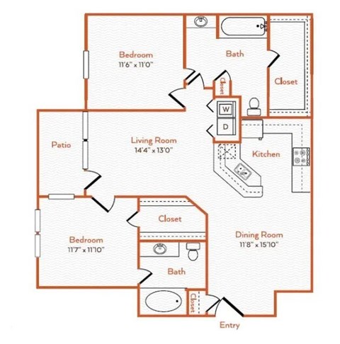 A floor plan of a house with a living room, two bedrooms, a bathroom, a kitchen, a dining room, and a patio.
