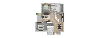 A top-down view of a house interior with a kitchen, living room, and bathroom.