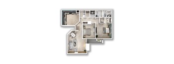 Two-bedroom, two-bath floor plan with large living room, separate kitchen, dining area, multiple closets, and private patio.