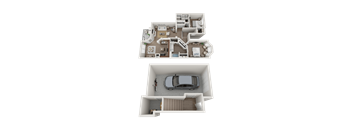 A top and bottom view of a house layout with a car parked in the garage.