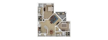 A floor plan of a house with a living room, kitchen, and two bedrooms.