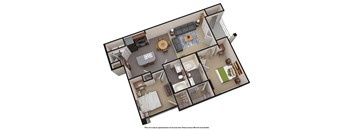 A 3D floor plan of a house with multiple rooms and furniture.