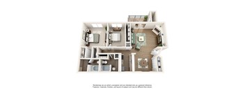 A 3D floor plan of a house with a kitchen, living room, and bedrooms.