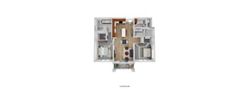A floor plan of a house with a kitchen, living room, dining room, and bathrooms.