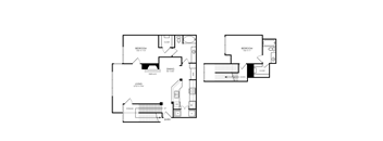 A floor plan of a two bedroom apartment with a living room and storage space.