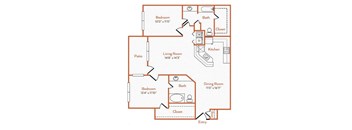 A floor plan of a home with a living room, dining room, kitchen, two bedrooms, two bathrooms, a closet, and a patio.