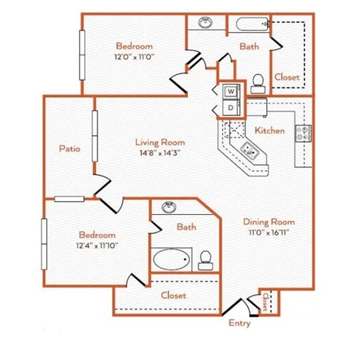 A floor plan of a home with a living room, dining room, kitchen, two bedrooms, two bathrooms, a closet, and a patio.