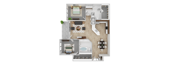 A top-down view of a modern apartment layout with a kitchen, living room, and bathroom.