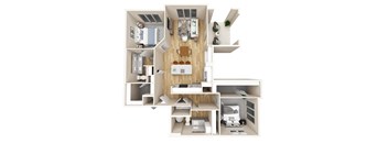 A 3D floor plan of a small apartment with a kitchen, living room, and two bedrooms.