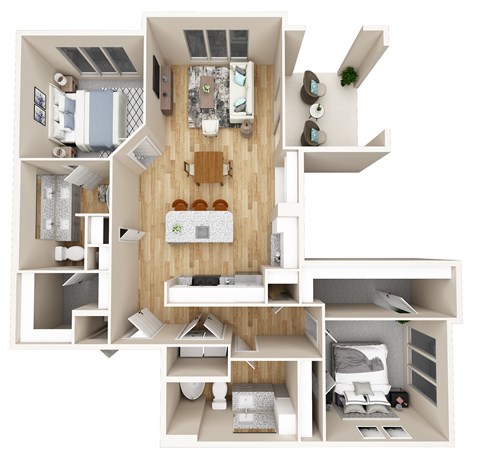 A 3D floor plan of a small apartment with a kitchen, living room, and two bedrooms.