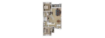 A floor plan of a house with a living room, two bedrooms, a kitchen, and a bathroom.