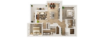 A 3D floor plan of a house with a living room, kitchen, dining room, and bedrooms.