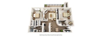 A 3D floor plan of a house with a kitchen, living room, and bedrooms.