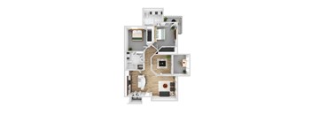 A top-down view of a house layout with a living room, kitchen, and bathroom.