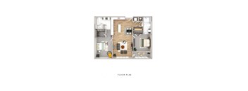 A floor plan of a house with a living room, kitchen, and two bedrooms.