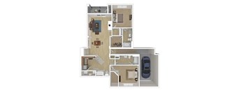 A floor plan of a house with a garage and a car.