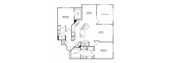 A black and white image of a house floor plan with a dining area, two bedrooms, a living room, a kitchen, a bathroom, and a closet.
