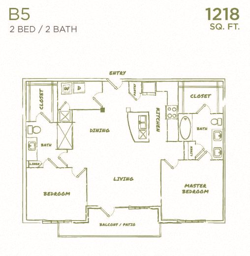 A floor plan of a 2 bedroom, 2 bathroom apartment sized at 1218 square feet.