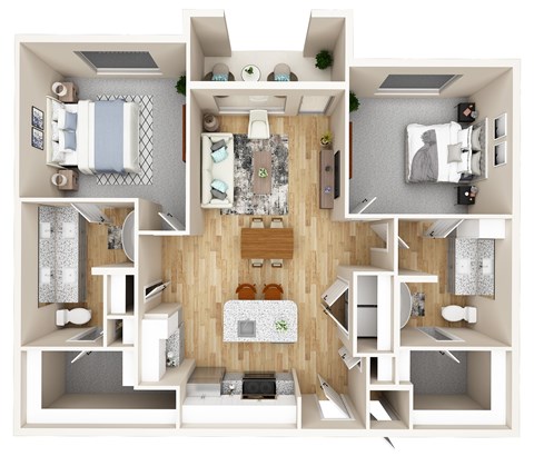 A 3D floor plan of a small apartment with a kitchen, living room, and bathroom.