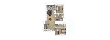 A floor plan of a house with a kitchen, living room, and bathrooms.