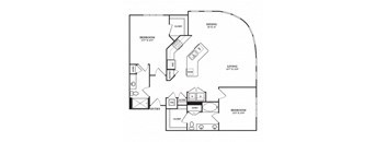 A black and white image of a floor plan for a home with a living room, dining room, kitchen, and two bedrooms.