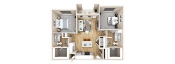 A top down view of a small apartment with a kitchen, living room, and bathroom.
