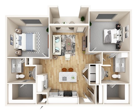 A top down view of a small apartment with a kitchen, living room, and bathroom.
