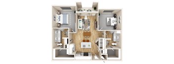 A 3D floor plan of a small apartment with a kitchen, living room, and bathroom.