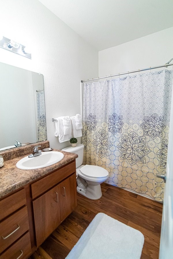 A bathroom with a toilet, sink, and shower.