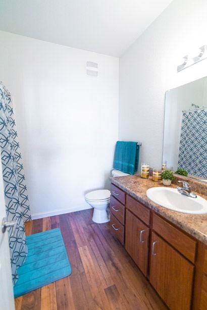 A bathroom with a toilet, sink, and wooden floors.