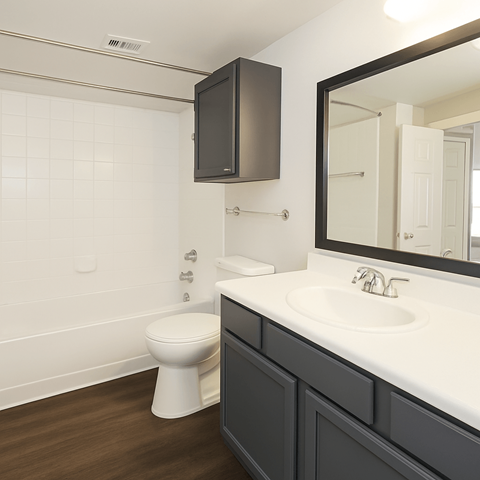 A bathroom with a toilet, sink, and mirror.