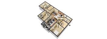 A 3D floor plan of a small apartment with two bedrooms and a living area.